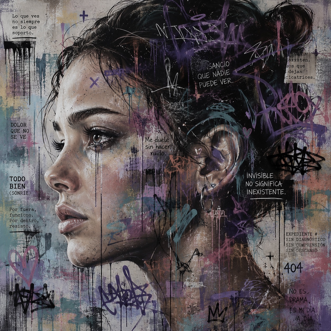 Ilustración de un rostro de perfil con trazos y mensajes sobre el dolor invisible. Texto destacado: Invisible no significa inexistente.